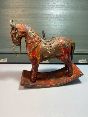 VTG Wooden Hand Carved Rocking Horse W/ Copper & Brass Accent Inlay Home Art